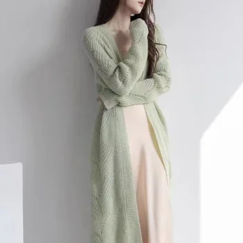 Lanyovi Mohair Oco Casaquinho de Malha de Mulheres do Início do Outono Verde Solta Preguiçoso Meados de comprimento Suéter Casaco Fino Seção Vento Suave