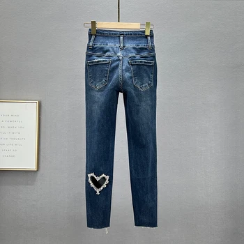Multi-Botão de Cintura Alta Jeans para Mulheres 2022 Outono Nova Elástico Fino de Lápis, Calças Skinny Jeans Azul, Calças de Meninas 