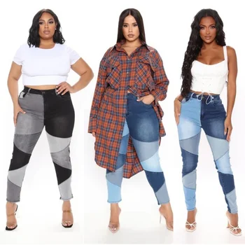 Dropshipping Queda Plus Size Feminino Calças De Cintura Alta Leggings Para Mulheres Patchwork De Jeans, Calças Calças De Brim Das Mulheres
