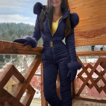 Exterior Macacão Com Zíper De Esqui Com Capuz Mulheres Quente Inverno Faux Fur Collar Macacão De Lã