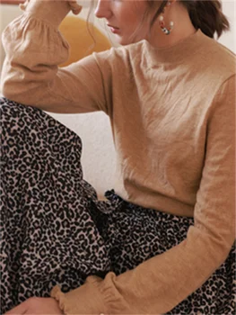 Mulheres De Lã Marrom-Mistura Semi-Camisola De Gola Alta 2023 Início Da Primavera Novo Francês Fêmea Doce De Renda De Manga Longa Térmica Camiseta Topo