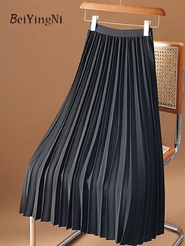 Beiyingni Saia Preta, As Mulheres De Luxo Coreano Moda Plissada Midi, Saias De Senhoras De Fino Chic Casual, O Vintage Cintura Alta Faldas Jupes