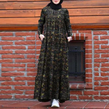 As mulheres do Vintage Vestido estampado S-5XL Hijab Abaya Manto Femme Musulmane de Vestuário Islâmico Grande Balanço Vestidos Longos Muçulmano do Ramadã Abayas