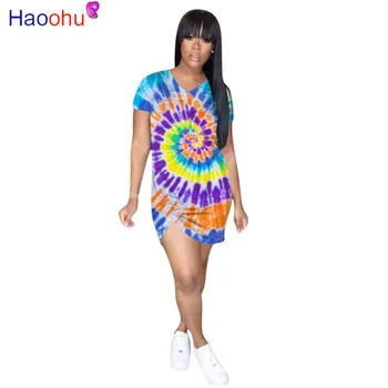 HAOOHU 2020 Mulheres de Verão Mini Vestido Moda Tie-dye de Impressão Irregular Bodycon Curativo Noite de Festa do Clube da Rua Vestidos de Vestidos