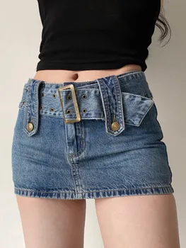 Cinto largo Jeans Mini-Saia para as Mulheres coreana Gostosa Mulher de Saias Curtas de Bolso Cintura Alta Boho Safari Estilo de Roupas
