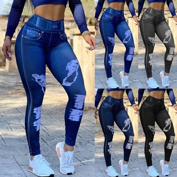 Sexy astic Imitação de Jeans, Calças de Cintura Alta, Calças de Fitness, Moda Esporte Fino de Impressão Falsa de calças Jeans Para Mulheres de Idade Fashione