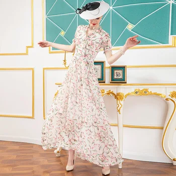 A coleção primavera / verão francês novo v-pescoço impressão vestido floral OL estilo de manga curta de cintura alta de tornozelo-comprimento de uma linha-vestido de Chiffon y904