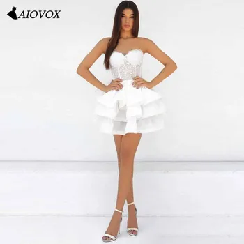 AIOVOX Querida Branca Babados Vestido de Festa Moderna Camadas de Renda Curto Mini-Vestido de Cocktail Simples Vestido De Noite Feito