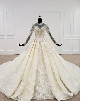 BGW 2020 Elegantes Vestidos de Noiva Líbano, com Gola Alta, Manga comprida Vestido de baile Apliques de Laço Vestido de Noiva Vestido Longo de Trem Gelinlikler