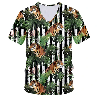 Deixa a Impressão 3D Camisetas Estilo Havaiano Tigre de Impressão com decote em V da Camisa Primavera/outono Moda Casual Masculina/feminina T-shirt de Tamanho Extra