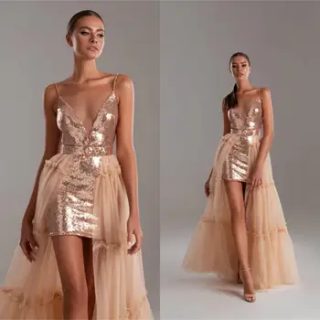 Espumante Rose Gold Noite Vestidos De Alças Finas Lantejoulas Laço Overskirt Prom Vestido Feito-Festa Formal Wear