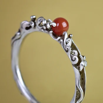 Três-dimensional artesanato de prata onda pulseira incrustada com o vermelho do sul turmalina estilo étnico feminino jóias
