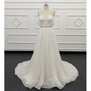 Uma linha de Vestidos de Casamento do Laço Vestidos de Noiva Vestido de Noiva Branco, Cinto de Lantejoulas Ossos Glitter Material do vestido de noiva HQ028
