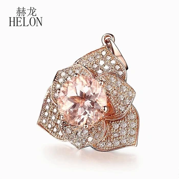 HELON Sólidos 18k, 14k 10k Ouro Rosa Impecável Rodada 7mm Natural Morganite pedra preciosa Anel de Mulheres Flor Jóia Pingente de Diamante