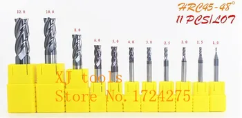11pcs/set 1.0 - 12mm Quatro Flautas de topo inteiriças de metal duro TiN, CNC Miling Cortador de Bits Para Fresamento de Aço