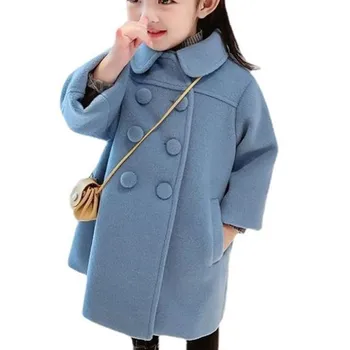 Babby menina outono inverno azul de lã casaco crianças double breasted solta lã mistura outwear