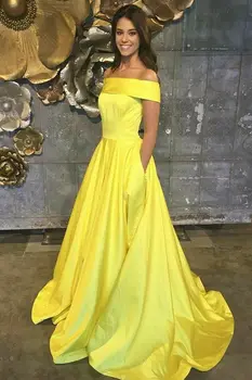 Elegante, muito Ombro Amarelo Vestidos de Baile com Bolsos Sereia Espartilho de Volta Personalizado Formal Vestido de Festa Manto Sarau Femme