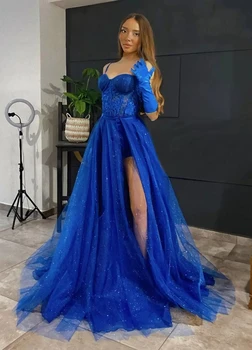 Azul Royal Macacões Vestidos De Baile Com Destacável Overskirts Querida Curto Mini Lantejoulas Rendas Na Parte De Vestidos De Noite De Feitos