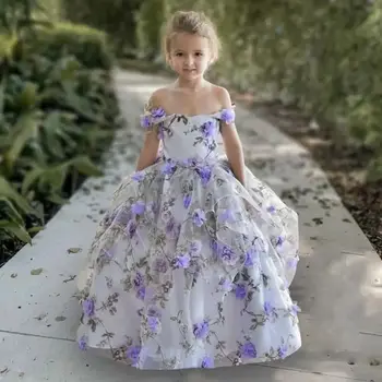 Linda Impresso Bola Vestido da Menina de Flor de Vestidos Para Casamento Fora Do Ombro Concurso de Vestidos de 3D Appliqued de Tule Vestido de Primeira Comunhão