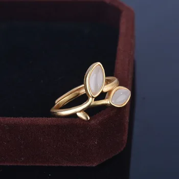 Novo Temperamento Prata Imitação de Antiga Idade de Ouro, Embutidos de Khotan Jade banhado a Ouro Ajustável Branco Jade Ring Para as Mulheres de Jóias