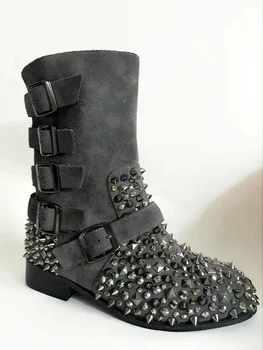 Mulher Rebite De Metal Cravejado Rodada Toe Ankle Boots Fivela De Cinto De Camurça, Botas De Couro De Mulheres De Salto Baixo Deslizar Sobre Botas De Mujer Sapatos De Mulher