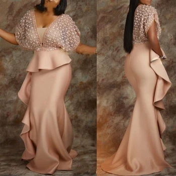 Champanhe Abiye Longo Sereia Africano Vestido de Noite com Mangas Peplum Babados Mulheres Plus Size Formal Vestidos de Baile Elegante 2020