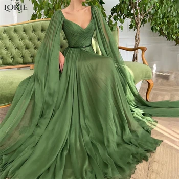 LORIE Floresta Verde Formal Vestidos de Baile Plissado V-Pescoço Fenda Lateral, A Linha Boho Vestido de Noite Longo do Cabo Mangas Vestido de Formatura