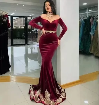 2022 Borgonha Vestidos De Baile, Fora O Ombro Dubai, Arábia Árabe Veludo De Renda Manga Longa Sereia Vestidos De Festa À Noite Robe De Sarau