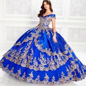 Azul Royal Vestidos De Quinceanera Ouro Apliques De Pescoço De V Fora De Ombro Festa Formal Princesa Vestido De Baile Doce 16 De Vestidos De 15 Anos