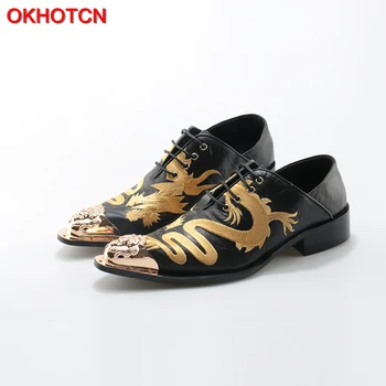 OKHOTCN Dragão Bordar Homens Sapatos Oxfords Metal Toe Rendas Até Sapatos Flats Negócio do Couro Sapatos de Homem Calçado de tamanho Mais