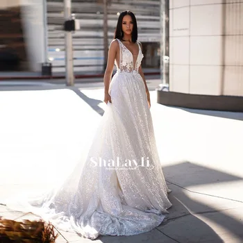 Luxuoso Vestido de Noiva Elegante Multi-camada de Folha de Lótus Fio V-pescoço Vestidos de Noiva Beading Cristal Lace Branco Vestido De Noiva
