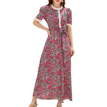Senhoras Novo Magro Vestido de Gola Redonda, Manga Curta Floral Temperamento Moda ins Mulheres de Vestido Longo