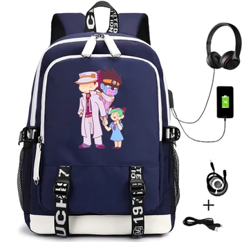 Anime Jojo's Bizarre Adventure Carregamento USB Mochila de Lona de Fone de ouvido do Aluno Zip Cartoon Mochila Adolescente de Viagem, Saco do Portátil