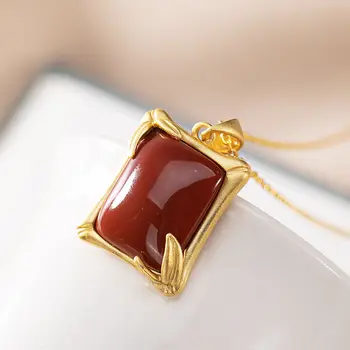 Design Original embutidos sul turmalina vermelha colar pingente exclusivo ouro antigo artesanato de bambu borda do sexo feminino jóias