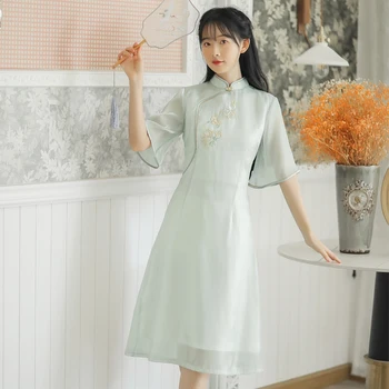 Mulheres Vestidos De Verde Retro Cheongsam Melhorado Vestido De Verão, Moderno E Chique Menina Bordado De Flores Vintage Vestido Midi
