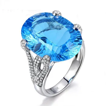 Água-marinha grande pedras preciosas, anéis de diamante para as mulheres de cristal azul branco ouro prata cor prata jóias bijoux bague festa de presentes