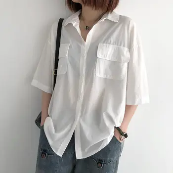 Puro Algodão, Camisa Branca de Mulheres 2021 Verão coreano Solta Grande Projeto de Bolso Blusa Casual Manga Curta Único Breasted Tops zh638