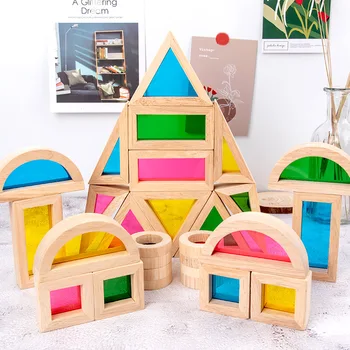 Criativo 24Pcs arco-íris de Acrílico, de Madeira, Blocos de Construção Bebê Sensorial Início de Brinquedo Educacional de Crianças de Empilhamento Torre Montessori Brinquedos