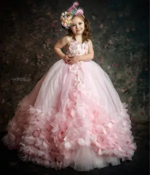 Rosa De Babados, Vestidos Da Menina De Flor Para O Photoshoot Princesa Floral Ninhada De Crianças, Concurso De Vestido De Festa De Casamento Vestido De Primeira Comunhão