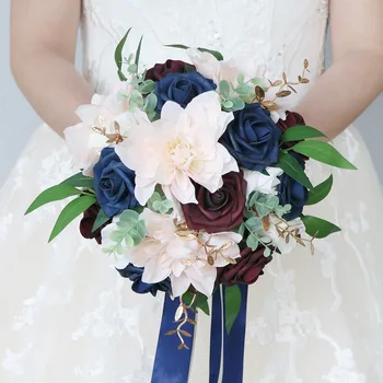 Único Azul Flores Artificiais de Plástico Dália Pacote Falso Plantas de Noiva Amarra Buquê de Dia dos Namorados em Casa de Decoração de Casamento