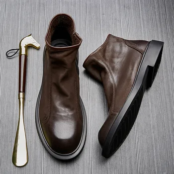 Tamanho 45 Genuíno Botas de Couro dos Homens Ankle Boots de Moda Tornozelo Botas para Homens de Estilo Retro resistente ao Desgaste Zapatos Botas
