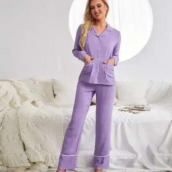 Mulheres Viscose Pijama Conjunto Sólido de Cor Top de Manga Longa e Calça de Viscose de Dormir Senhoras Elegante Homewear Loungewear