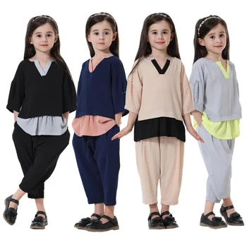 Moda Crianças Menina Muçulmana Ternos Veste Quimono Jubah Ramadã Calças de Harém 2pcs Conjuntos de Morcego Oriente Médio Árabe Islâmica Roupas