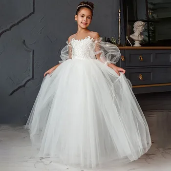 2022 Branco Do Vestido Da Menina De Flor Para A Noiva De Tule Princesa Apliques Elegante Beading Vestidos De Festa Vestido De Primeira Comunhão