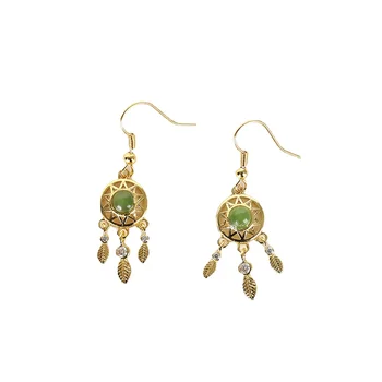 14k Ouro Verde Natural Jade Brincos para Mulheres Apanhador de sonhos Brincos de Ouro Ganchos